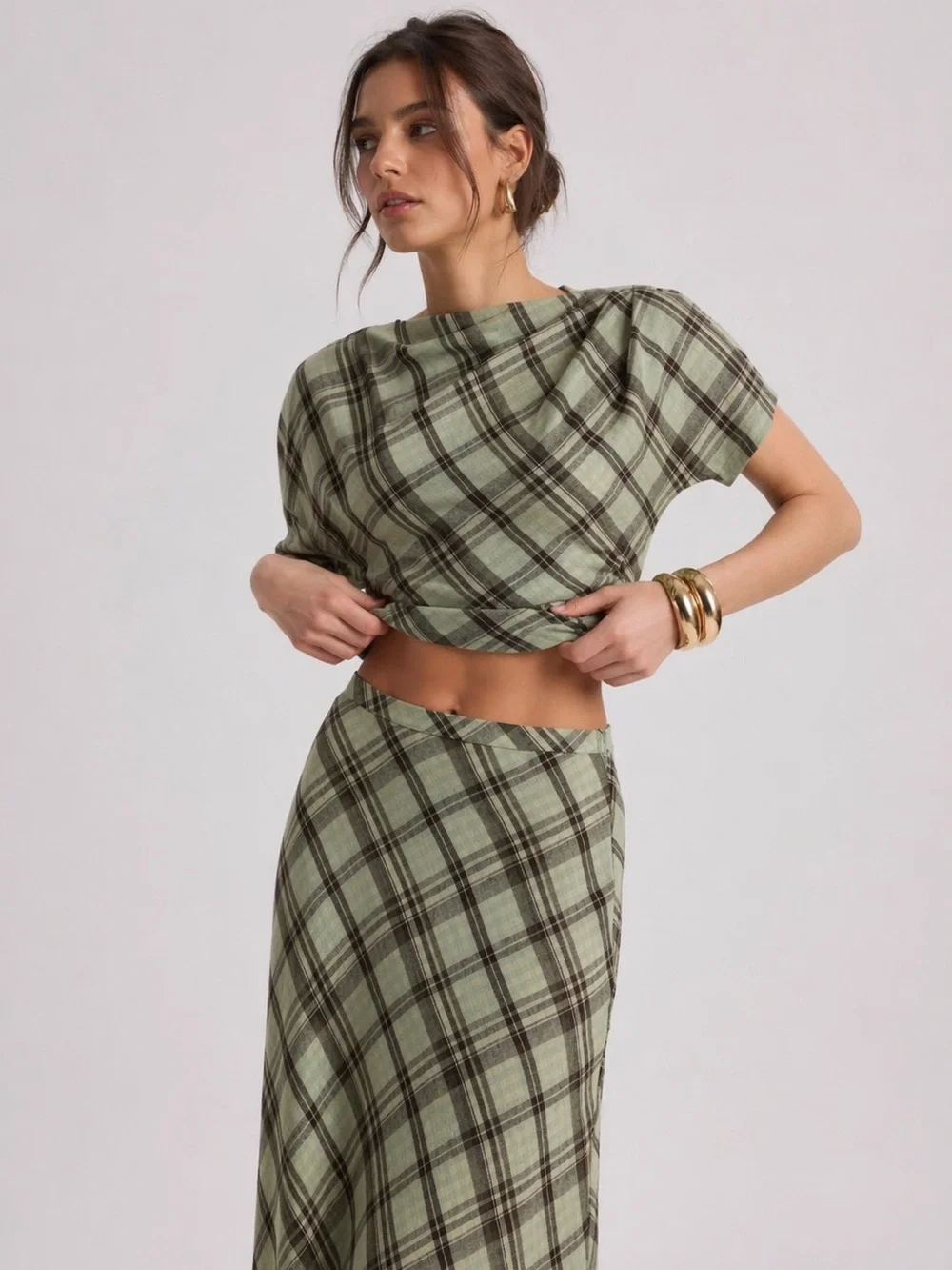 Plaid Maxi Skirt & Draped Top Matching Set – Sage Green Brown Check